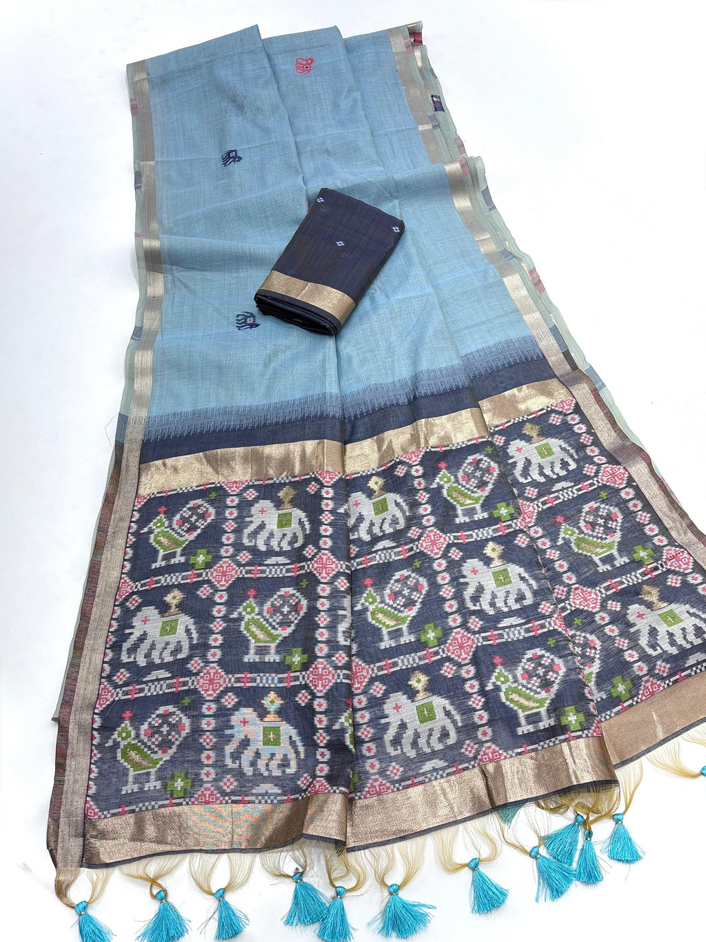 Blue Pure Muga Silk Saree with Patola Weave
