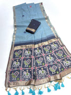 Blue Pure Muga Silk Saree with Patola Weave