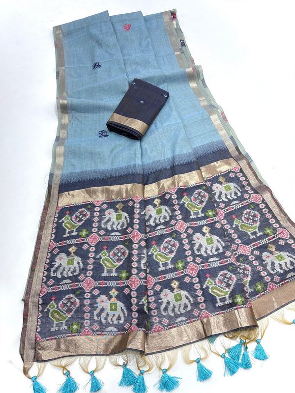 Blue Pure Muga Silk Saree with Patola Weave