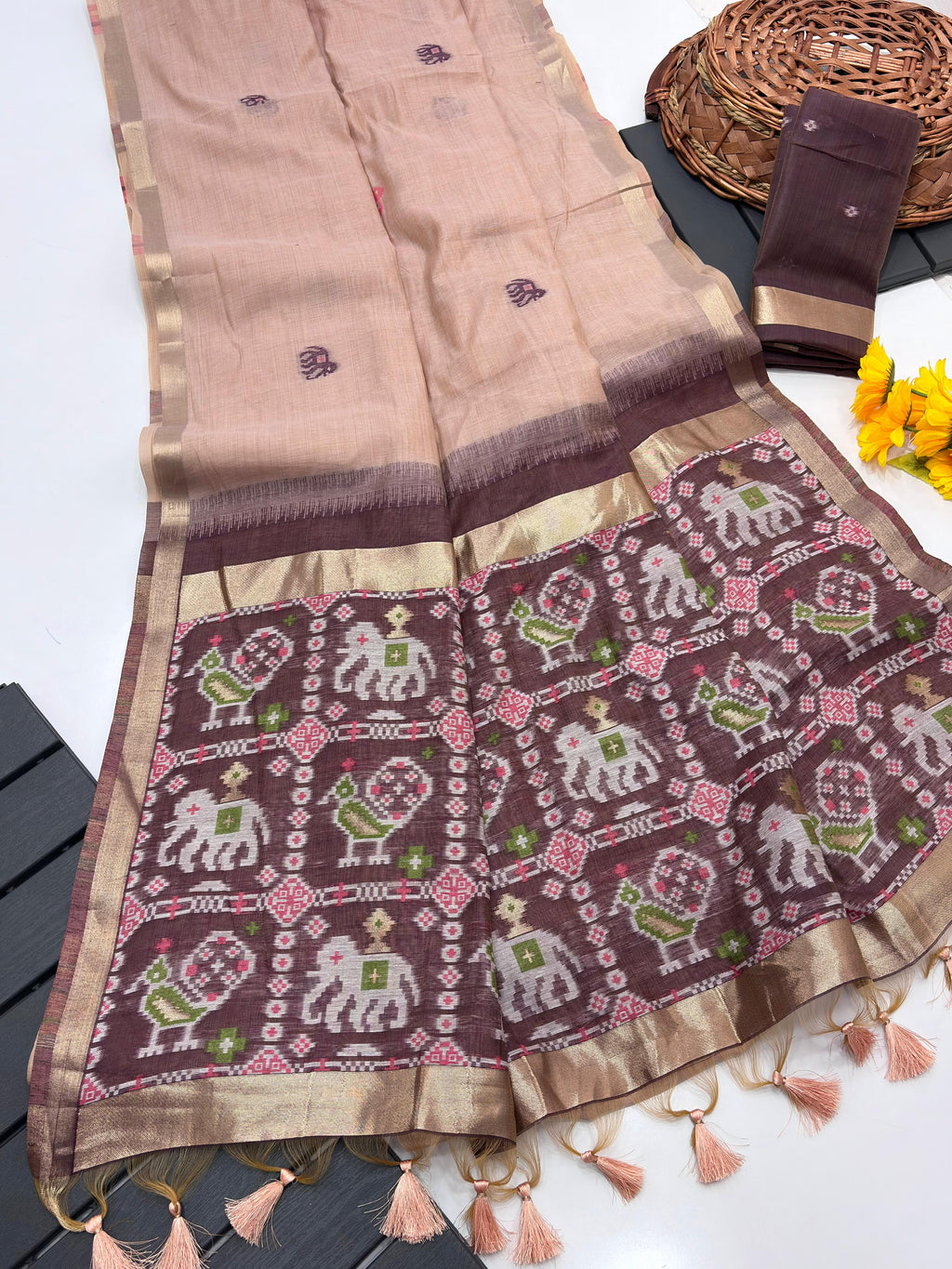 Peach Pure Muga Silk Saree with Patola Weave