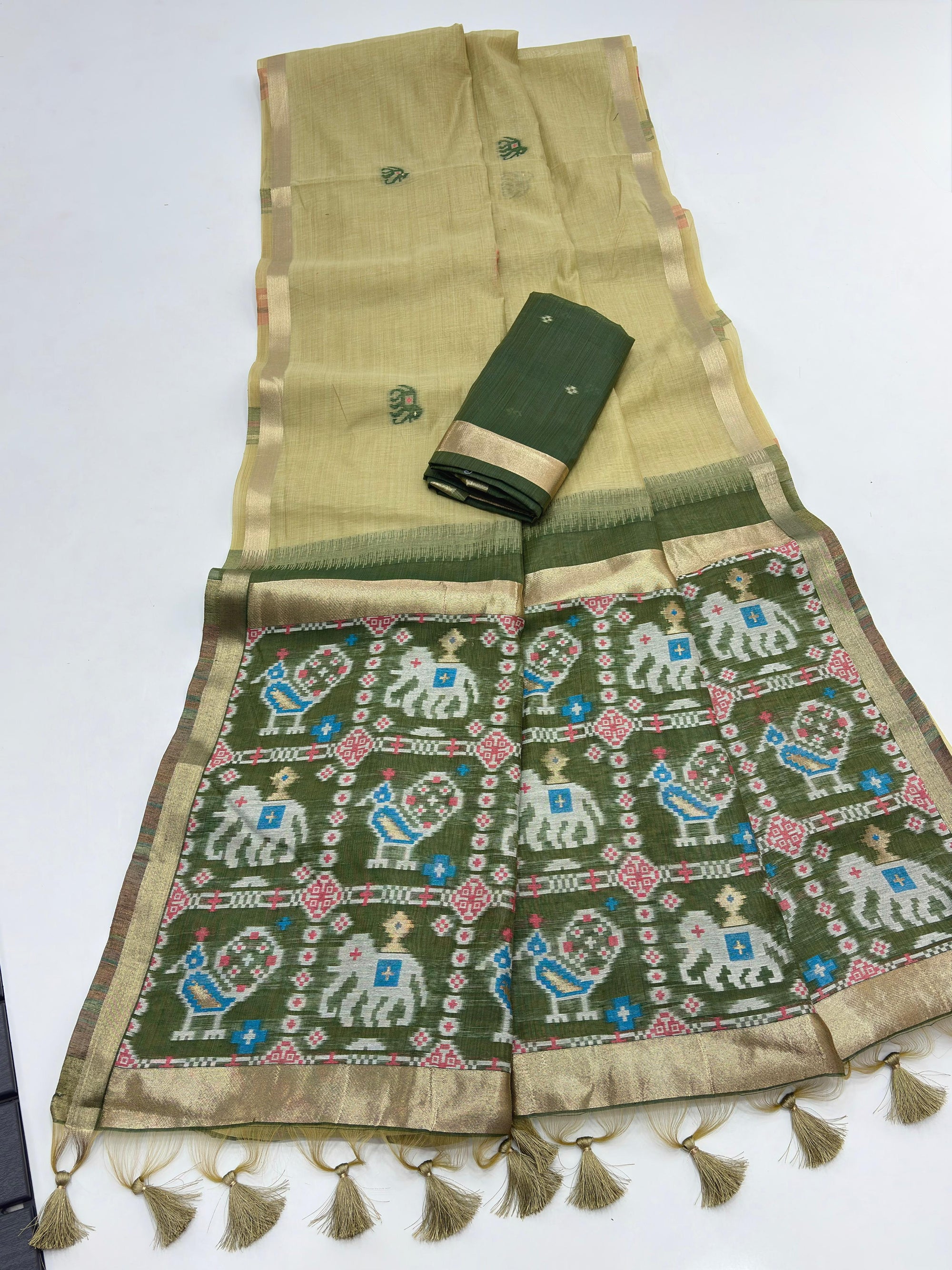 Green Pure Muga Silk Saree with Patola Weave