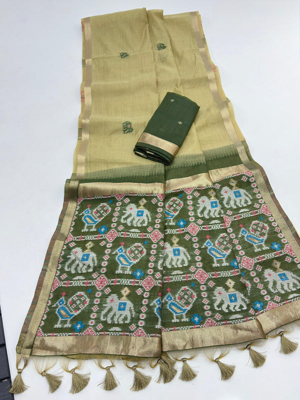 Green Pure Muga Silk Saree with Patola Weave