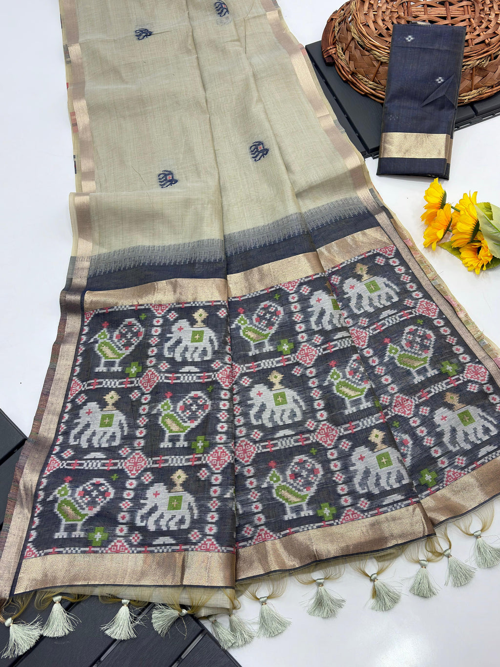 Ivory Pure Muga Silk Saree with Patola Weave