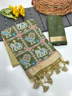 Green Pure Muga Silk Saree with Patola Weave
