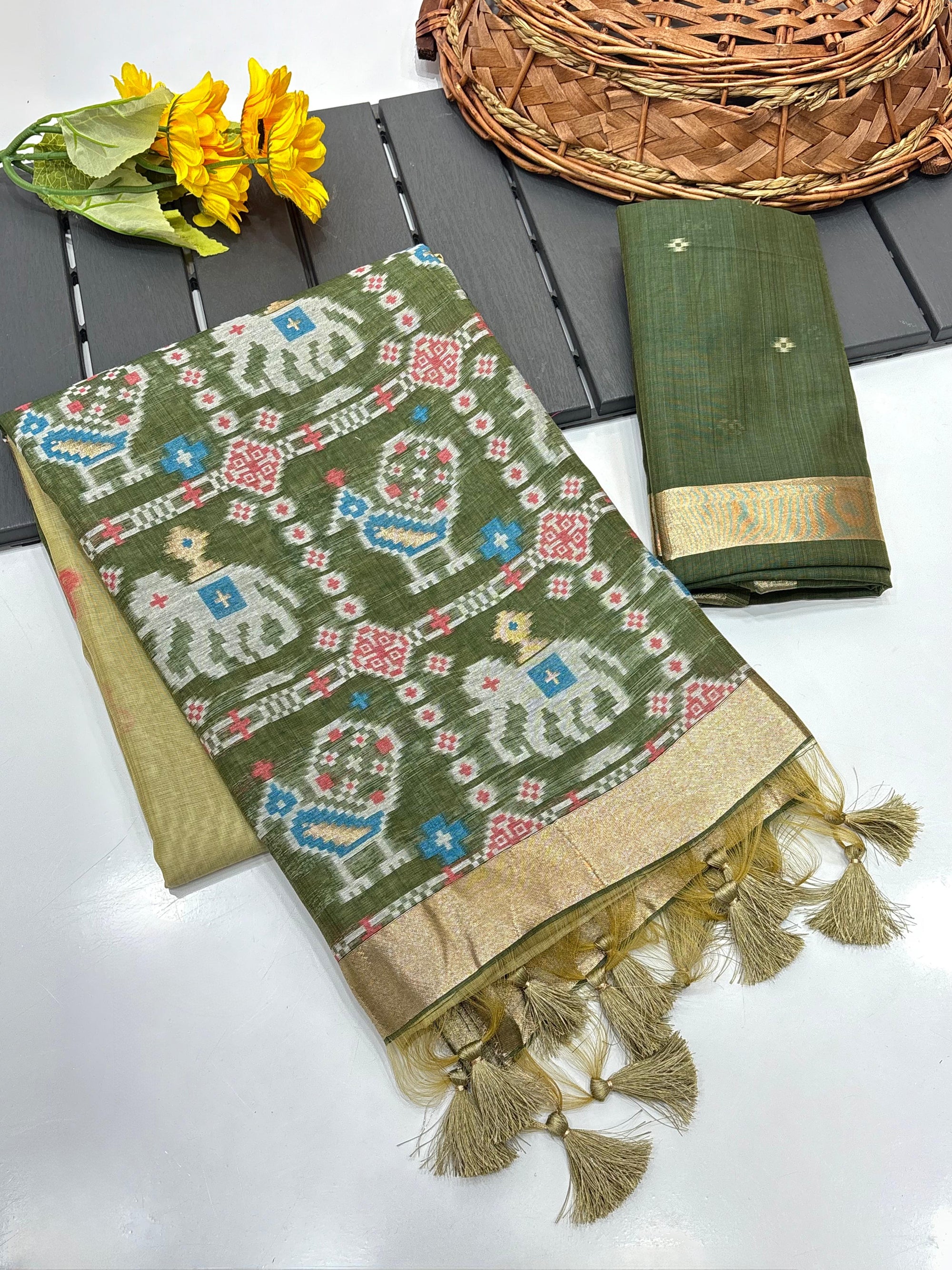 Green Pure Muga Silk Saree with Patola Weave