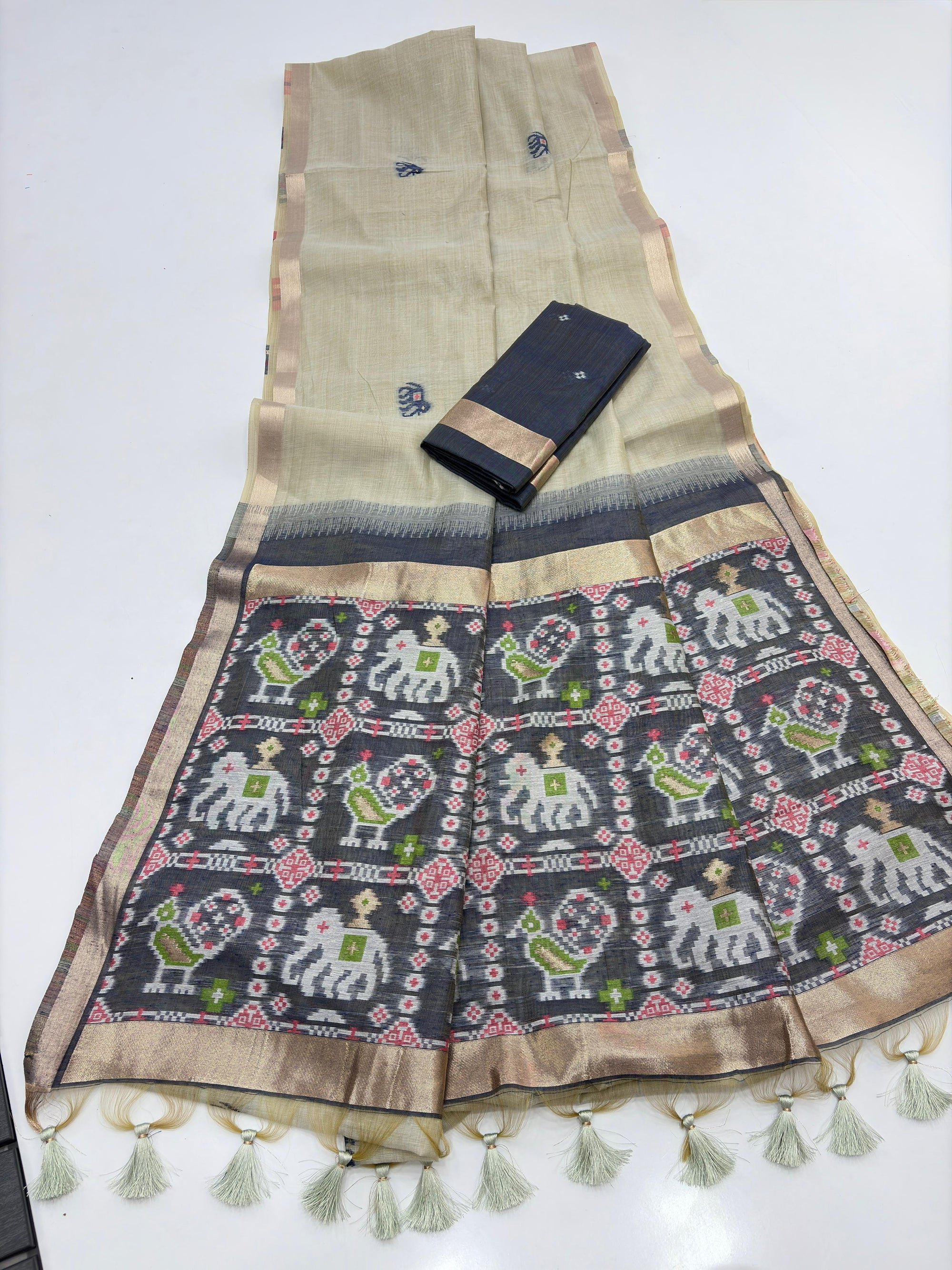 Ivory Pure Muga Silk Saree with Patola Weave