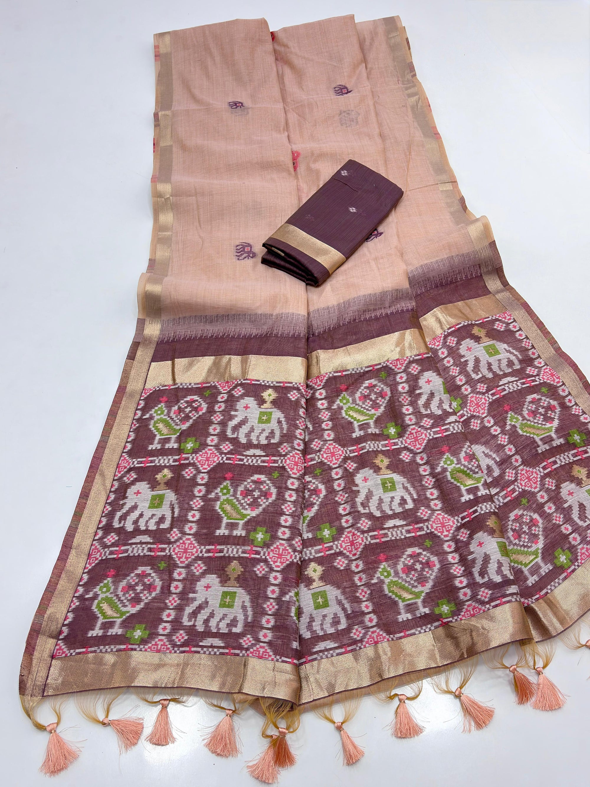 Peach Pure Muga Silk Saree with Patola Weave