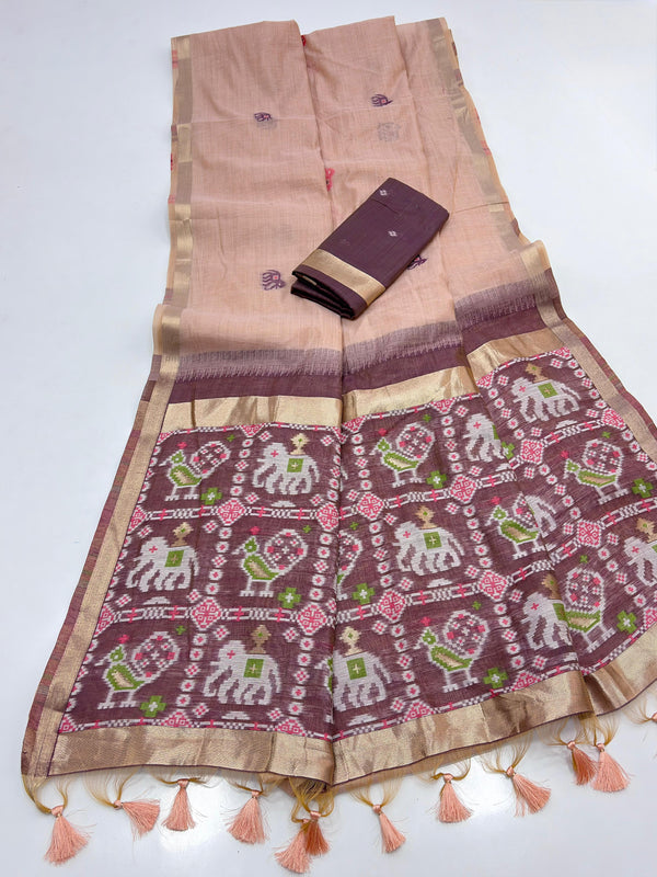 Peach Pure Muga Silk Saree with Patola Weave