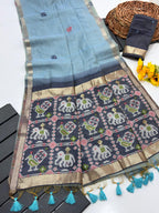 Blue Pure Muga Silk Saree with Patola Weave