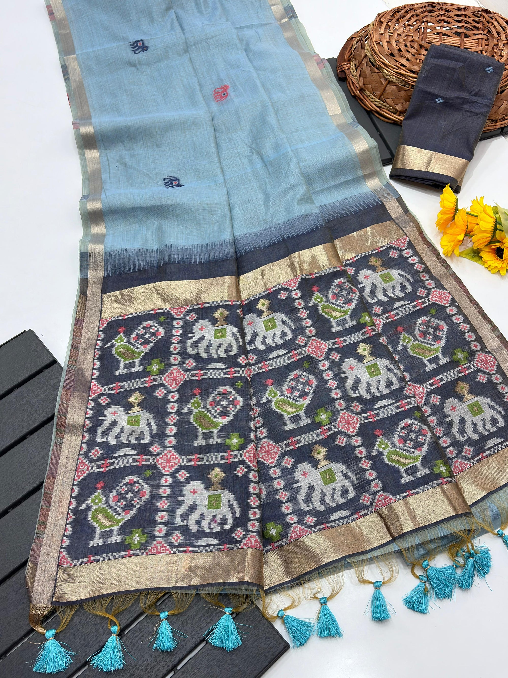 Blue Pure Muga Silk Saree with Patola Weave