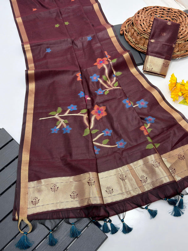 Maroon Soft Muga Silk Saree with Floral Weave