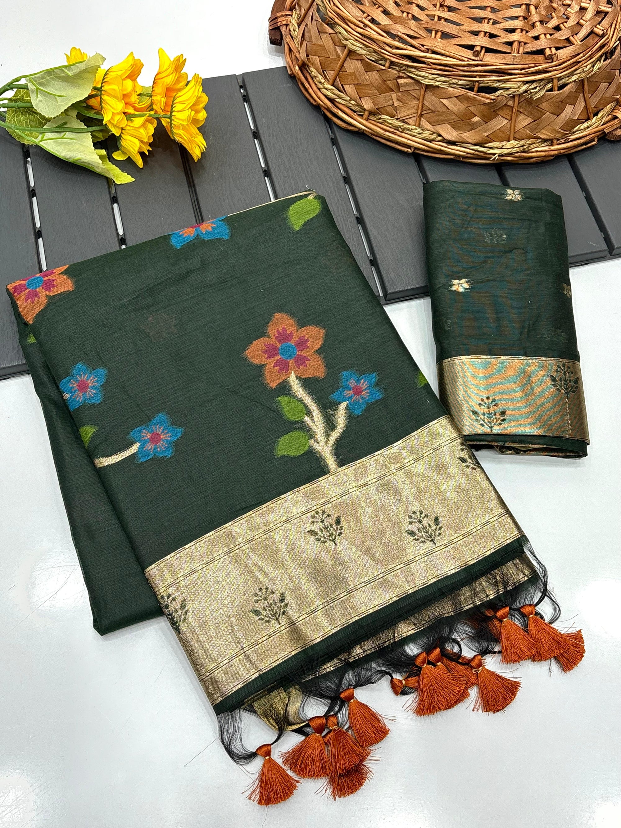 Green Soft Muga Silk Saree with Floral Weave