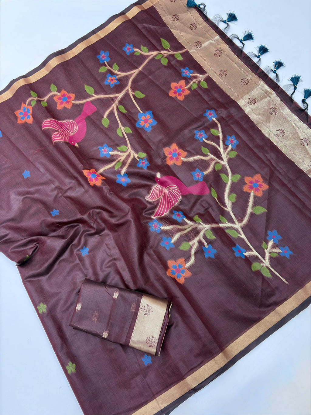 Maroon Soft Muga Silk Saree with Floral Weave
