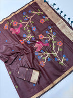 Maroon Soft Muga Silk Saree with Floral Weave