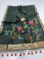 Green Soft Muga Silk Saree with Floral Weave