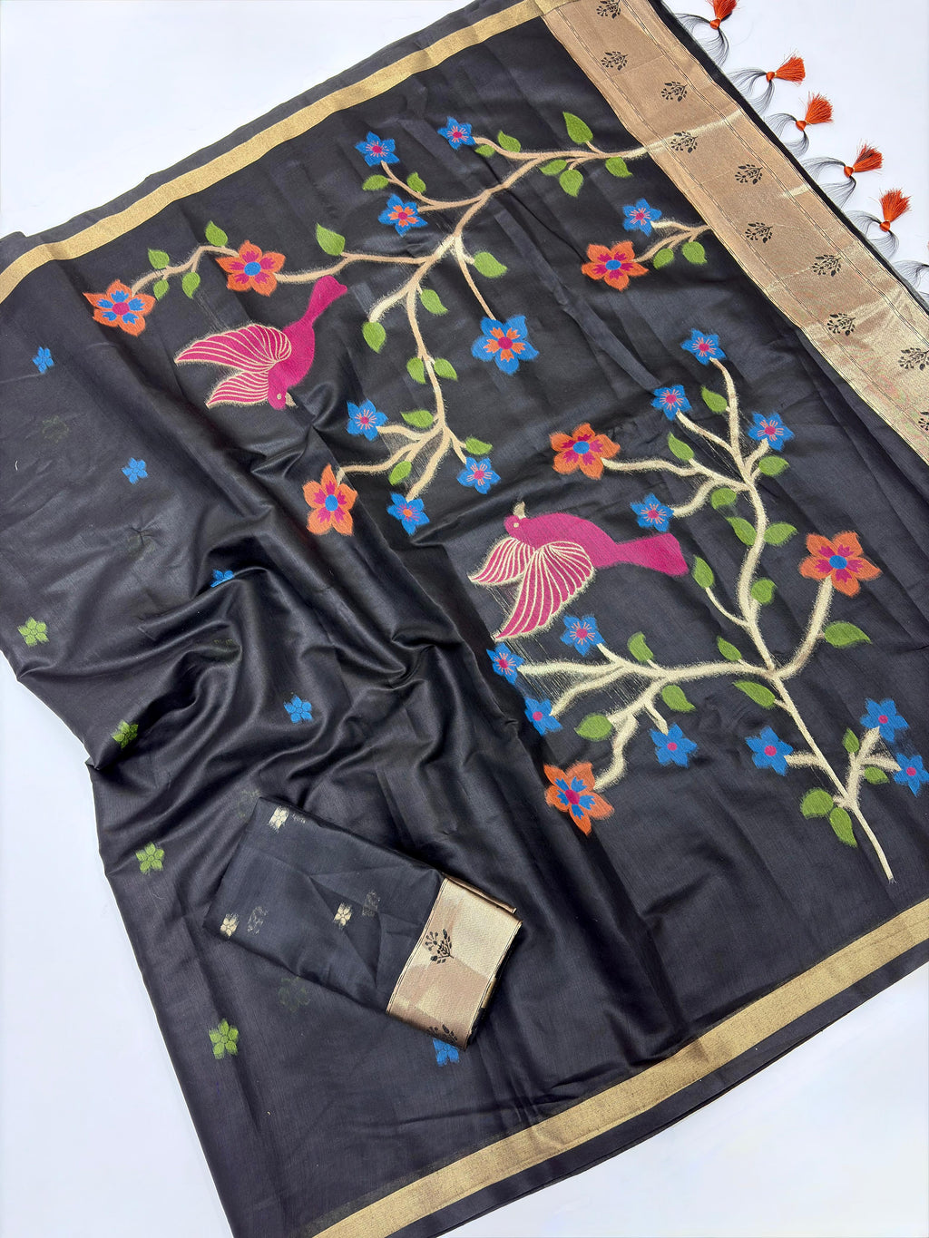 Black Soft Muga Silk Saree with Floral Weave