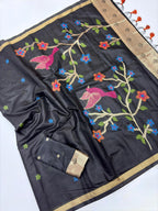 Black Soft Muga Silk Saree with Floral Weave