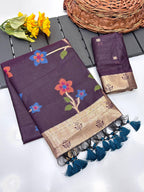 Wine Soft Muga Silk Saree with Floral Weave