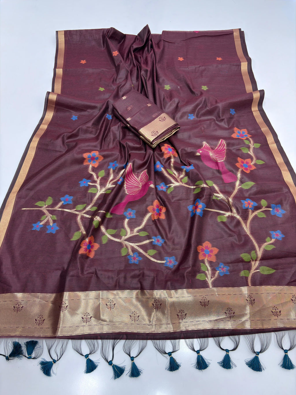 Maroon Soft Muga Silk Saree with Floral Weave