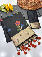 Black Soft Muga Silk Saree with Floral Weave