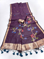 Wine Soft Muga Silk Saree with Floral Weave