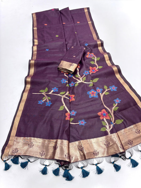 Wine Soft Muga Silk Saree with Floral Weave