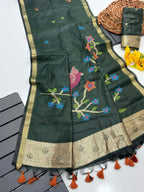 Green Soft Muga Silk Saree with Floral Weave