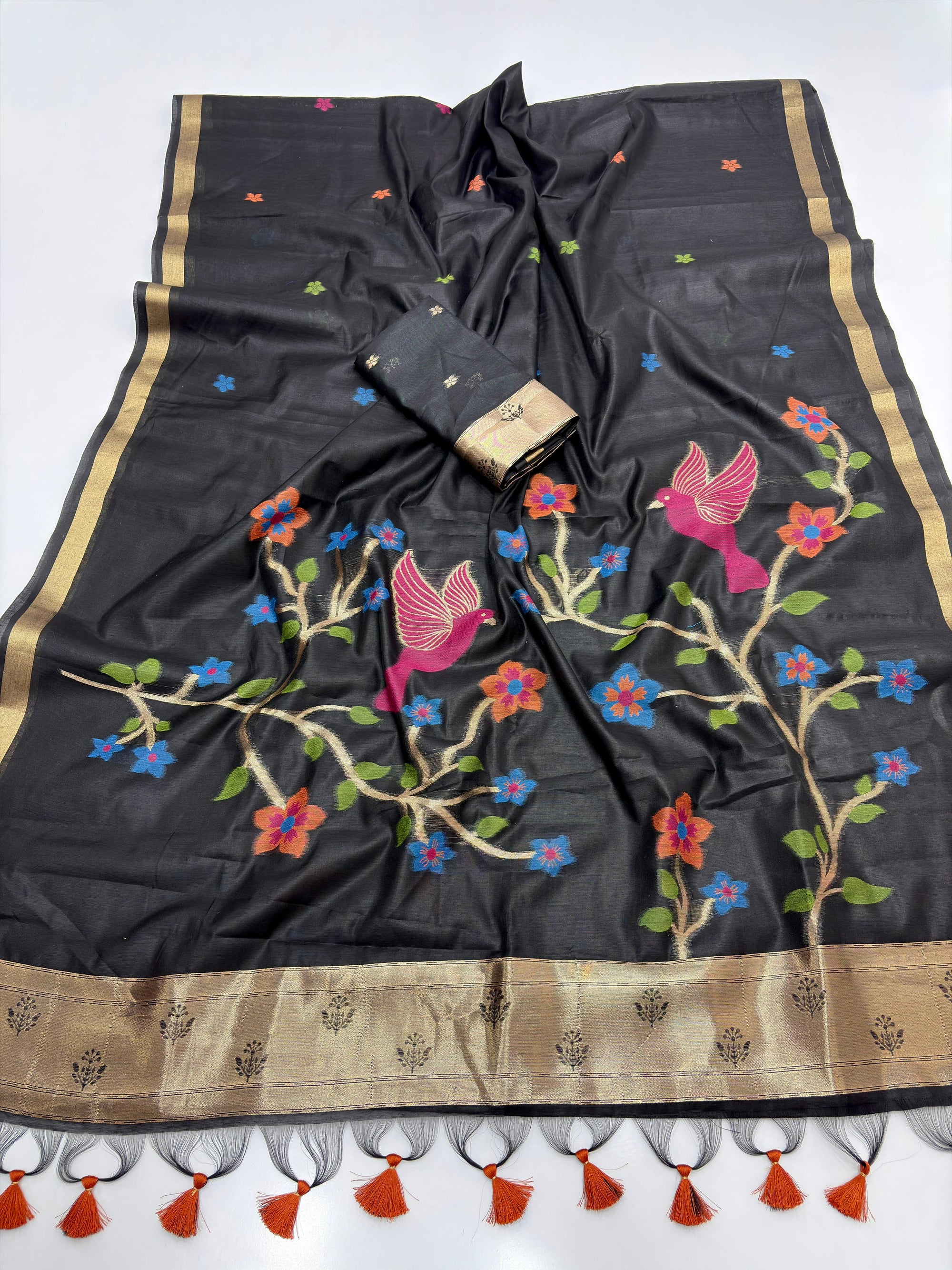 Black Soft Muga Silk Saree with Floral Weave
