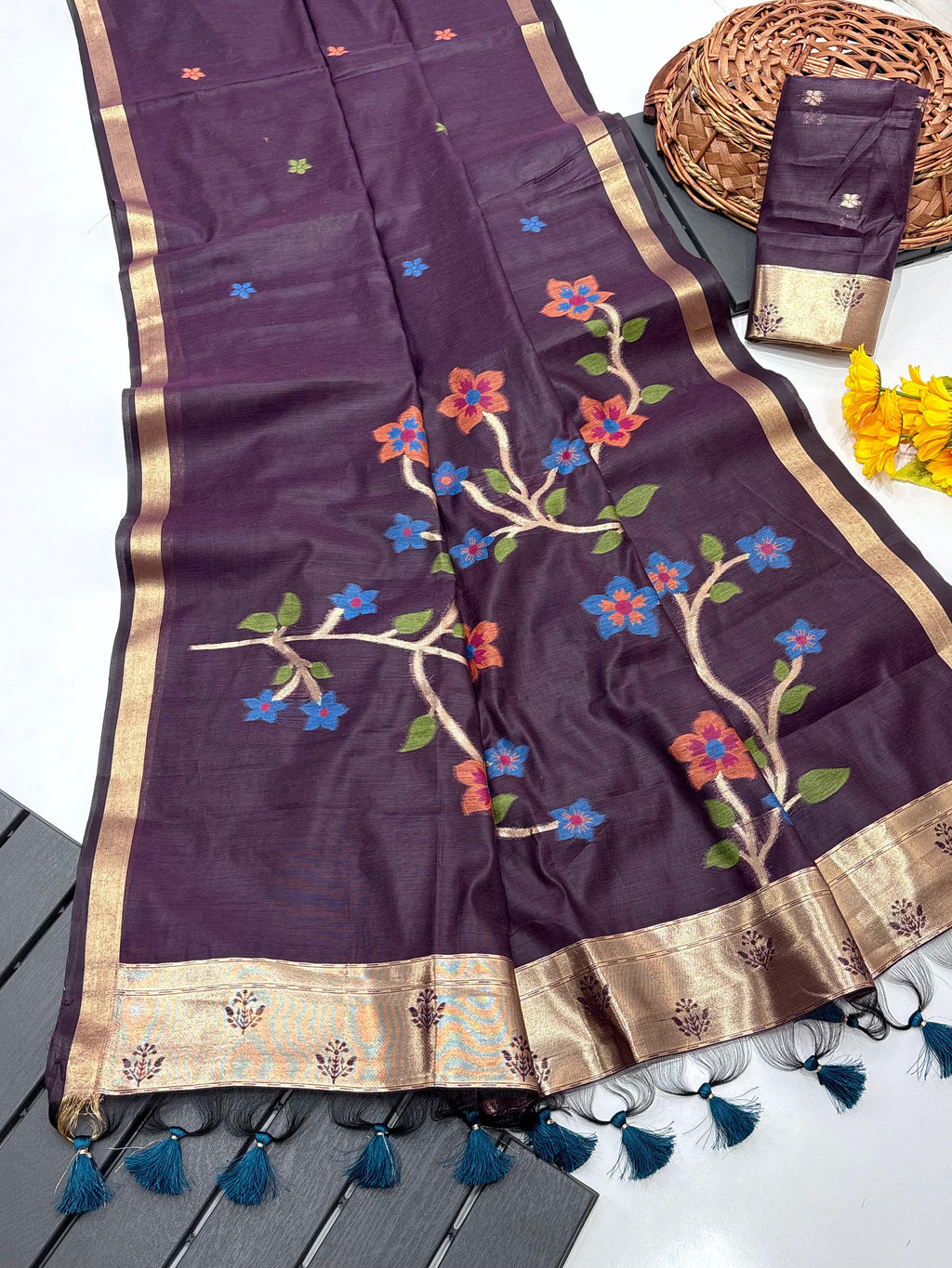 Wine Soft Muga Silk Saree with Floral Weave