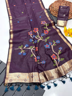 Wine Soft Muga Silk Saree with Floral Weave