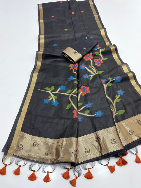 Black Soft Muga Silk Saree with Floral Weave
