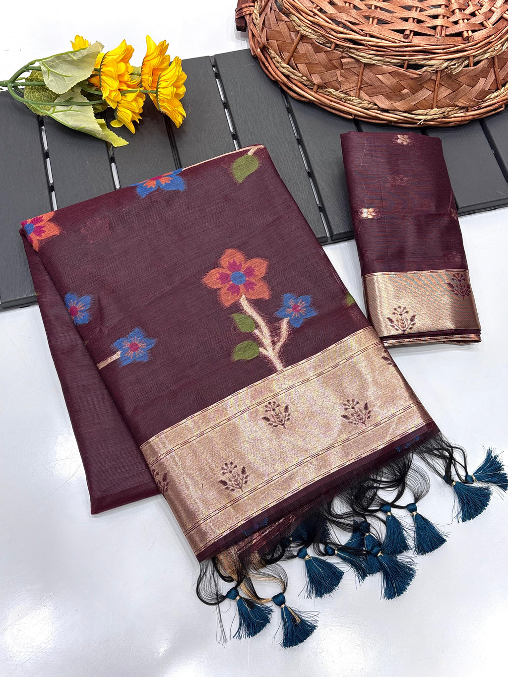 Maroon Soft Muga Silk Saree with Floral Weave