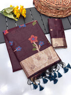 Maroon Soft Muga Silk Saree with Floral Weave