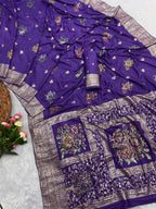 Purple Pure Viscose Muslin Saree with Floral Meenakari Weave and Arco Work Border