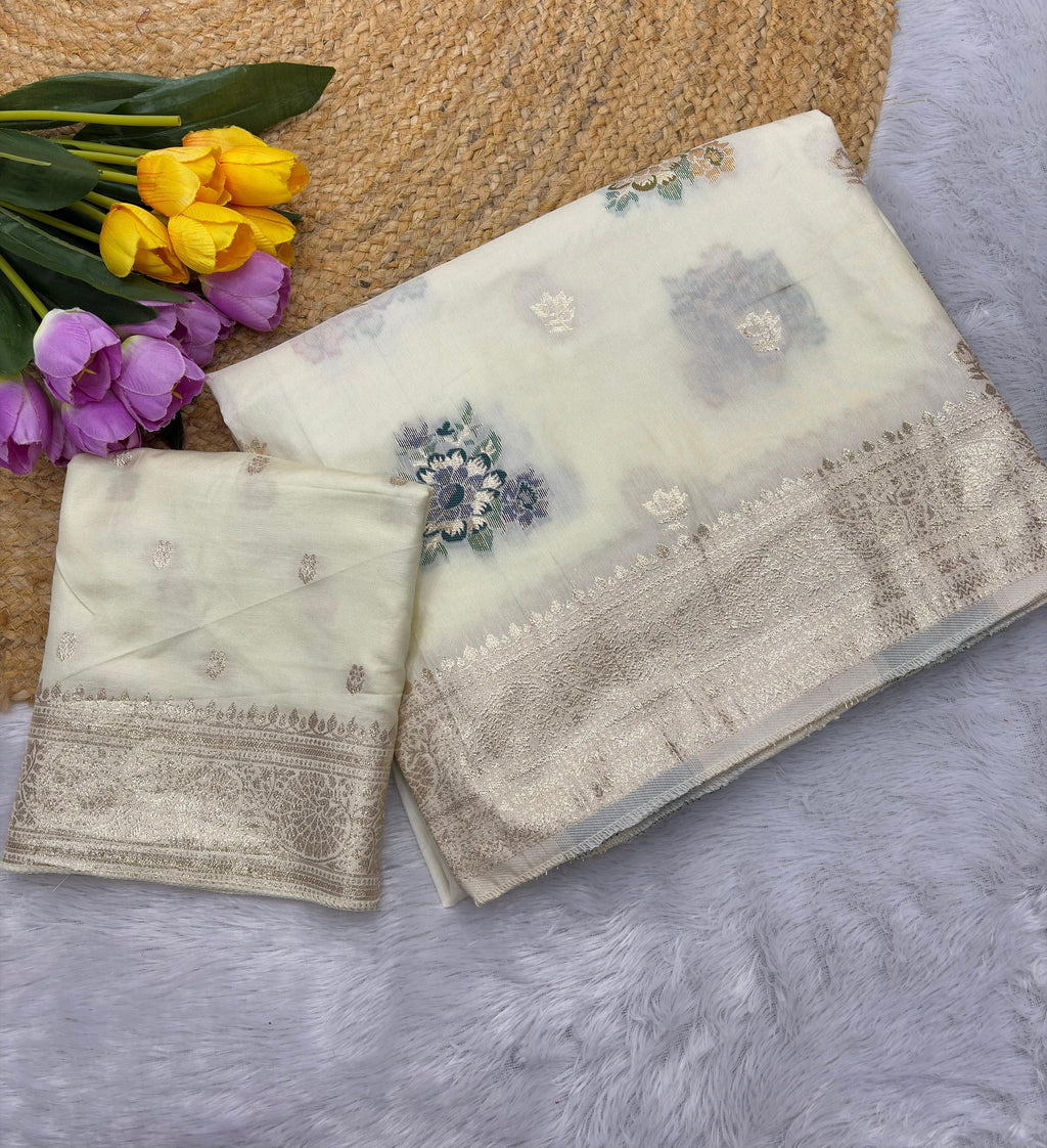 Cream Pure Viscose Muslin Saree with Floral Meenakari Weave and Arco Work Border