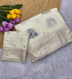 Cream Pure Viscose Muslin Saree with Floral Meenakari Weave and Arco Work Border