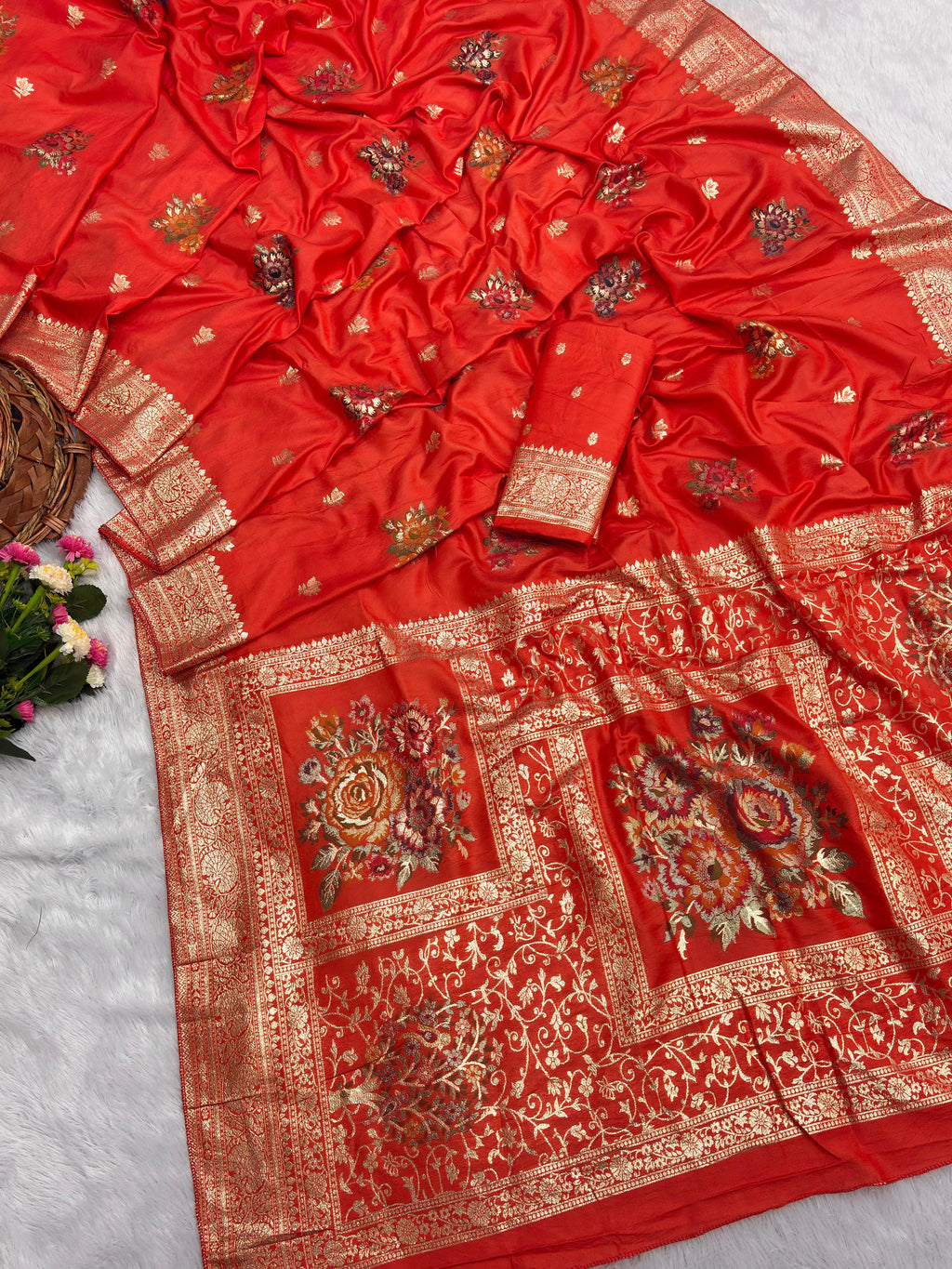 Orange Pure Viscose Muslin Saree with Floral Meenakari Weave and Arco Work Border