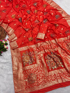 Orange Pure Viscose Muslin Saree with Floral Meenakari Weave and Arco Work Border