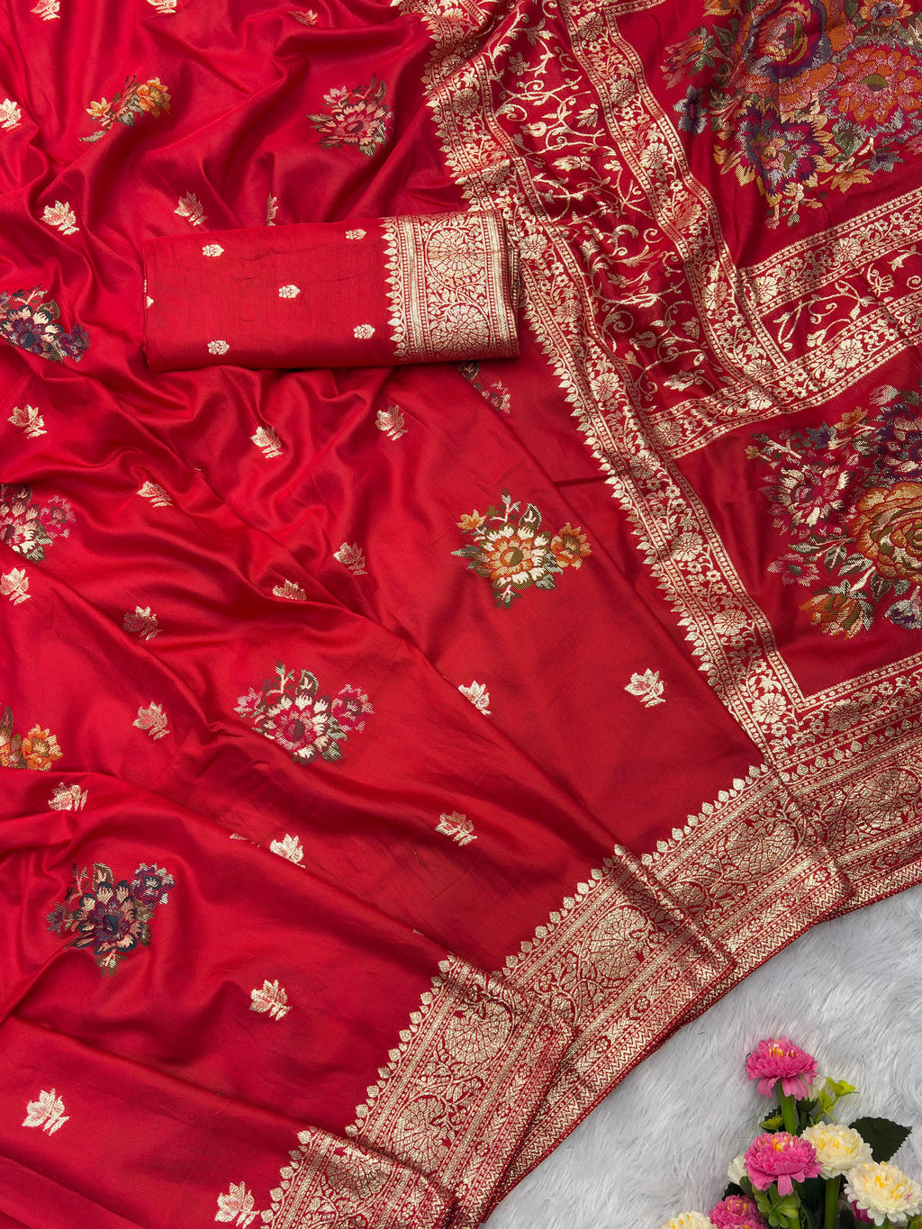 Red Pure Viscose Muslin Saree with Floral Meenakari Weave and Arco Work Border