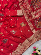 Red Pure Viscose Muslin Saree with Floral Meenakari Weave and Arco Work Border