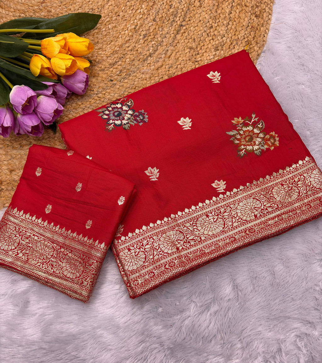 Red Pure Viscose Muslin Saree with Floral Meenakari Weave and Arco Work Border
