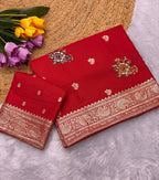 Red Pure Viscose Muslin Saree with Floral Meenakari Weave and Arco Work Border