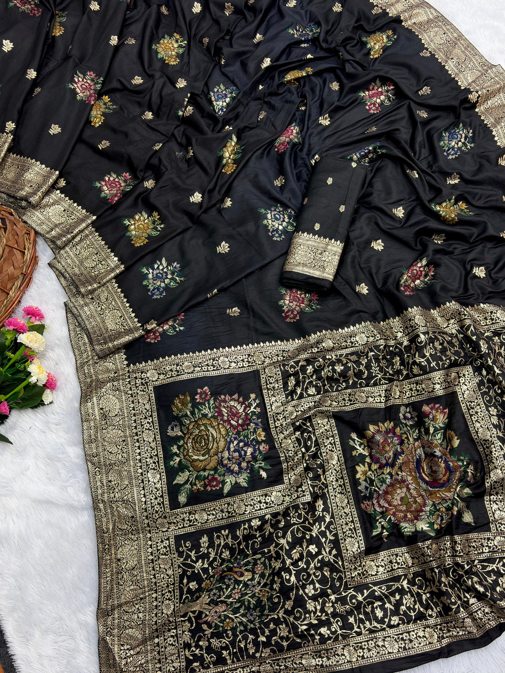 Black Pure Viscose Muslin Saree with Floral Meenakari Weave and Arco Work Border
