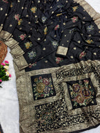 Black Pure Viscose Muslin Saree with Floral Meenakari Weave and Arco Work Border