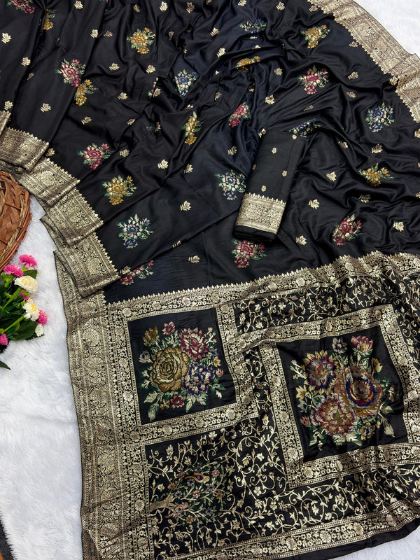 Black Pure Viscose Muslin Saree with Floral Meenakari Weave and Arco Work Border