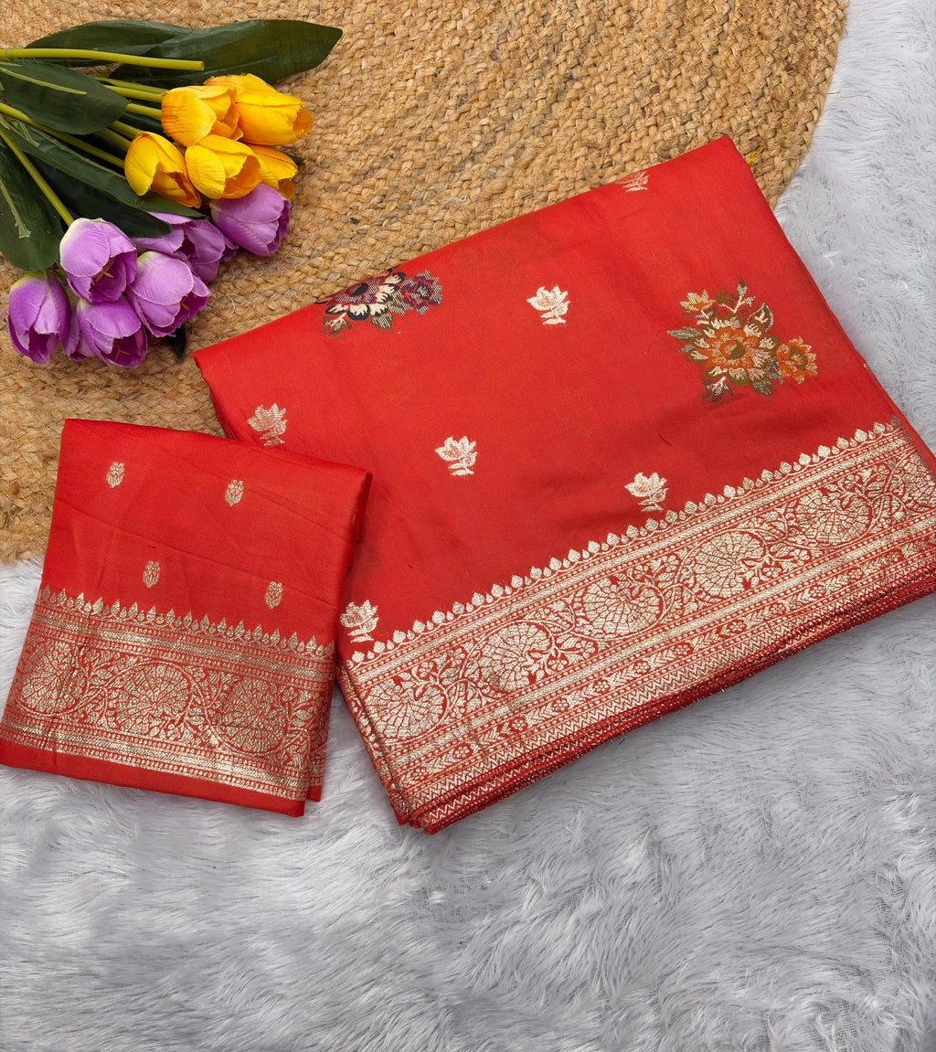 Orange Pure Viscose Muslin Saree with Floral Meenakari Weave and Arco Work Border