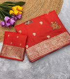 Orange Pure Viscose Muslin Saree with Floral Meenakari Weave and Arco Work Border