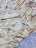 Cream Pure Viscose Muslin Saree with Floral Meenakari Weave and Arco Work Border