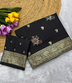 Black Pure Viscose Muslin Saree with Floral Meenakari Weave and Arco Work Border