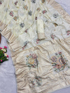 Cream Pure Viscose Muslin Saree with Floral Meenakari Weave and Arco Work Border